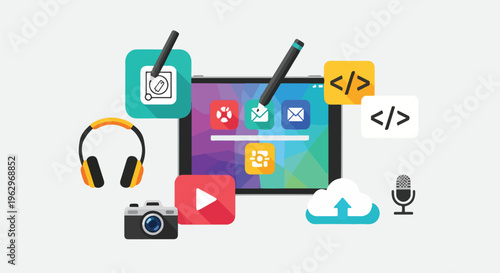 A tech-themed illustration featuring various icons and a colorful tablet