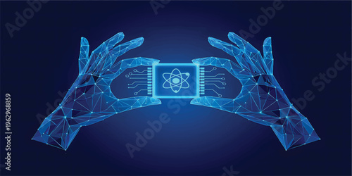 Two Digital Hands Holding AI chip with nuclear atom icon with circuit. Blue Low Poly Wireframe Illustration on Dark Blue Background. Science and Technology Innovation Concept. Vector illustration.