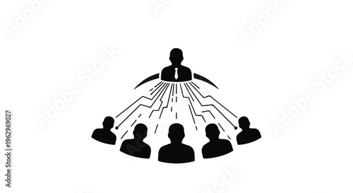 A stylized leader figure stands above and radiates connections to five subordinate figures, representing a hierarchical business organization or team management structure.
