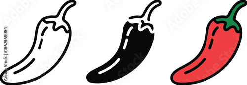 Red hot chili pepper vector icon set featuring outline silhouette and colorful minimalist line art illustrations for spice