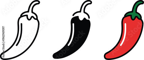 Red hot chili pepper vector icon set featuring outline silhouette and colorful minimalist line art illustrations for spice