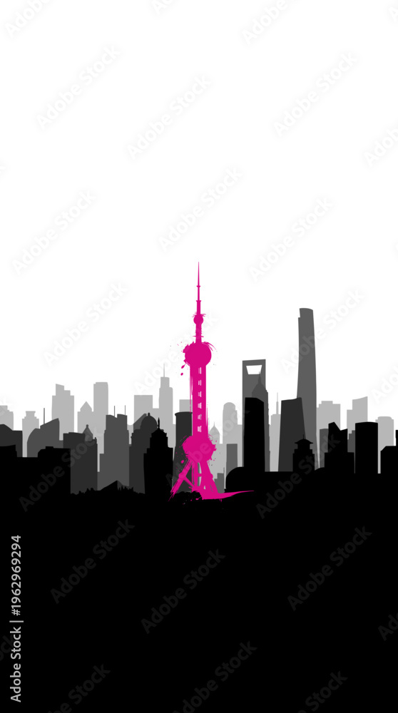 Obraz premium A striking silhouette of the Shanghai skyline, featuring the iconic Oriental Pearl Tower in vibrant pink against a monochrome cityscape.