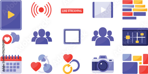 Live Streaming and Media Sharing Icon Set with Video Playback, Social Interactions, Calendar, Photography, Audio Controls, and Streaming Features