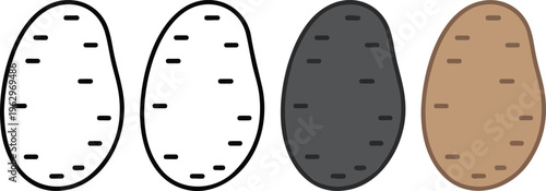 Raw organic potato vegetable vector icon set featuring minimalist line art black silhouette and brown colorful illustration versions.