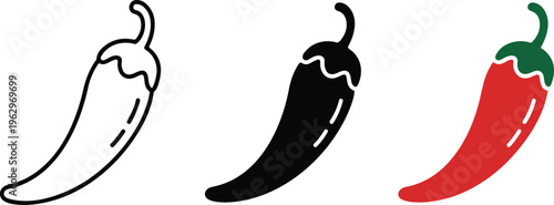 Red hot chili pepper vector icon set featuring outline silhouette and colorful minimalist line art illustrations for spice
