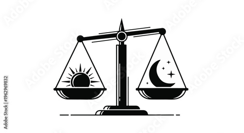 A balance scale illustrates the concept of equilibrium by weighing the sun against the moon and stars, representing day and night balance.
