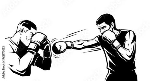 Two boxers in fighting stance motion.