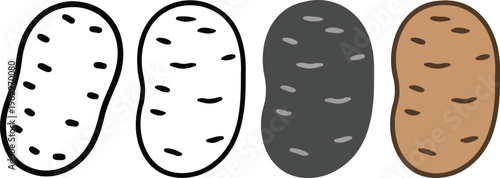 Raw organic potato vegetable vector icon set featuring minimalist line art black silhouette and brown colorful illustration versions.
