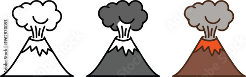 Volcano eruption vector icon set featuring minimalist line art black silhouette and colorful mountain with smoke and lava.