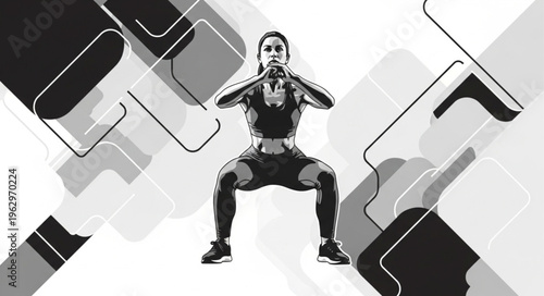 Woman doing squat exercise with dumbbells.