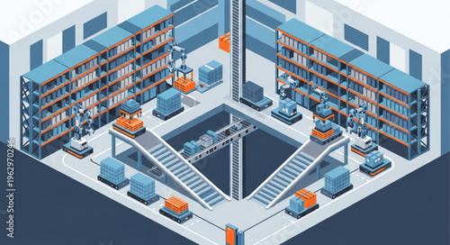 Isometric Warehouse Automation - Robotic Systems and Inventory Management.