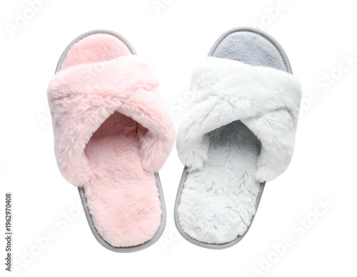 Plush cross-strap house slippers in pink and white on white