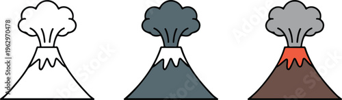 Volcano eruption vector icon set featuring minimalist line art black silhouette and colorful mountain with smoke and lava.