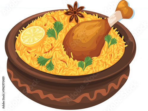 Indian chicken biryani in clay pot with basmati rice, lemon, star anise, and fresh cilantro