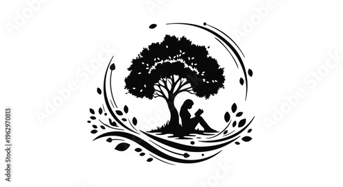 Silhouette of a person calmly reading a book under a large, leafy tree, enclosed within an elegant circular frame with swirling leaves, illustrating peace and knowledge.