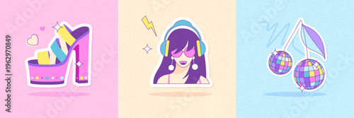 Set of 80s-90s retro disco elements or attributes isolated on colorful background. Disco ball, high heels shoes and girl. Vector illustration