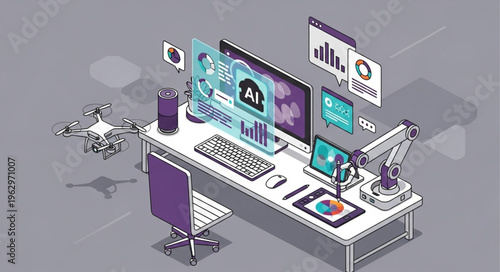 Futuristic AI Workspace - Isometric View of Tech-Enhanced Desk Setup.