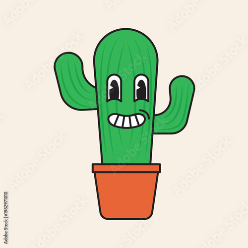 A cheerful cartoon cactus with a smiling face and arms raised, standing in an orange pot against a light background.