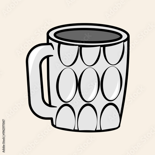 A simple, cartoon-style illustration of a white beer mug with a handle and oval patterns, filled with a dark beverage.