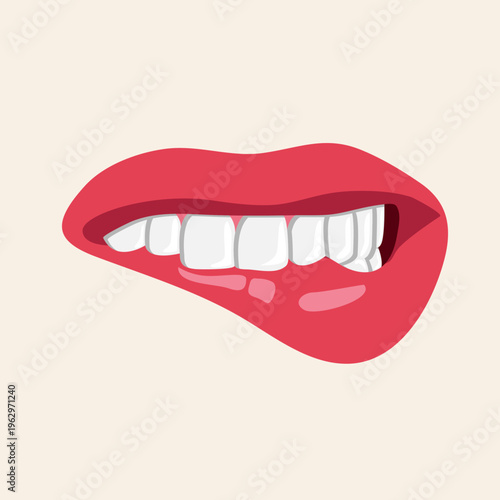 Close-up illustration of a woman's red lips biting her lower lip, revealing white teeth, on a light background.