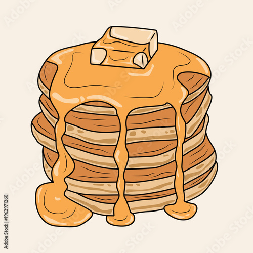 A stack of fluffy golden pancakes with dripping maple syrup and a pat of melting butter on top, cartoon illustration.