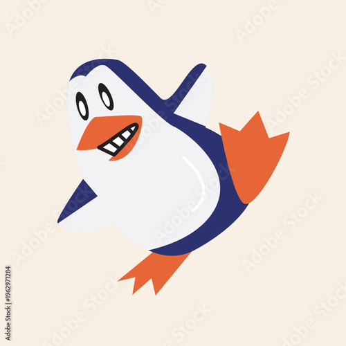 A cheerful cartoon penguin with a wide smile and orange beak and feet, depicted in a dynamic, jumping pose against a plain background.