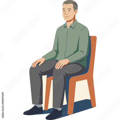 A man sits calmly on a chair in a relaxed indoor environment.