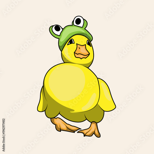 A cute cartoon yellow duckling wearing a green frog hat, standing on a light background.