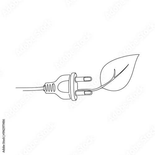 Green Energy Electric Plug with Leaf One-Line Art Continuous Line Drawing Eco-Power Concept Transparent Background