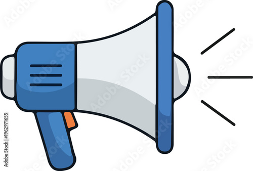 Blue Megaphone Icon with Sound Waves, Isolated on White Background