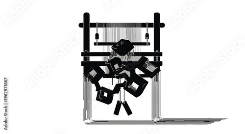 A stylized black silhouette of a weaving loom, featuring intricate threads and abstract geometric shapes, is prominently displayed against a pristine white background.