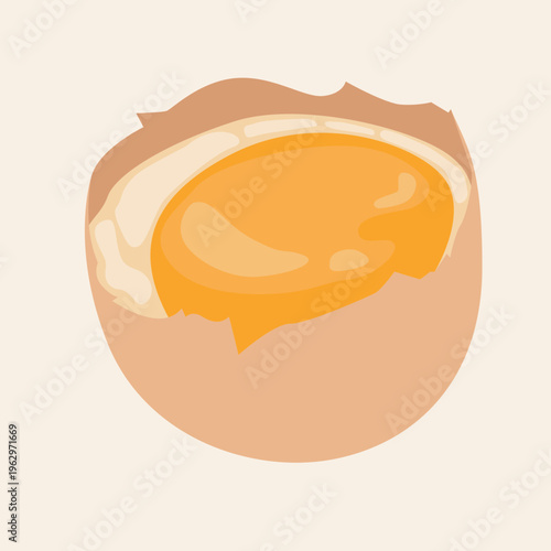A cracked brown egg with a visible bright yellow yolk and white albumen inside.
