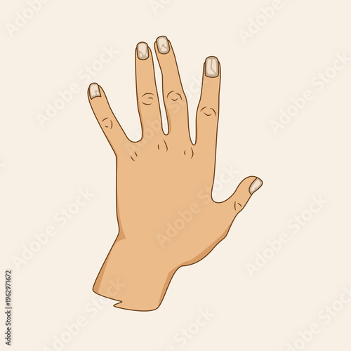 Cartoon illustration of a human hand performing the Vulcan salute gesture with four fingers separated and thumb extended.