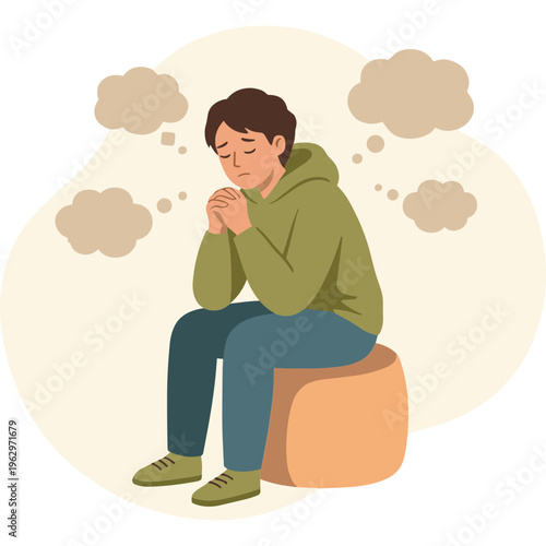 A man sits on a stool looking worried with thought clouds around him.