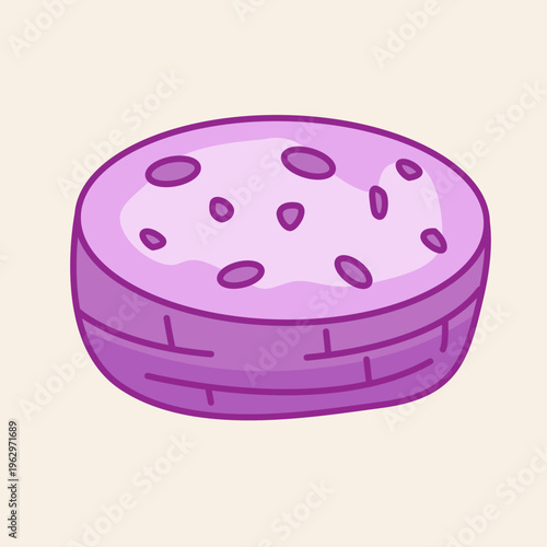 A cartoon illustration of a purple oval-shaped sponge or soap with darker spots.