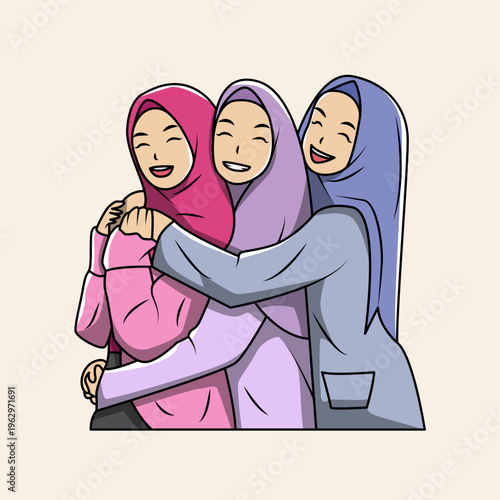 Three happy Muslim women friends embracing each other, wearing colorful hijabs and smiling warmly, cartoon illustration.