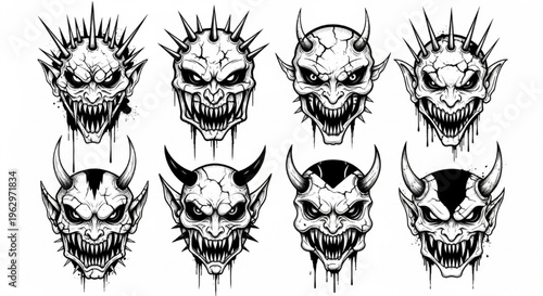 Urban Graffiti Spiky Masks and Creature Faces Vector Illustration Sheet in Black Ink Grunge Punk Street Art Style