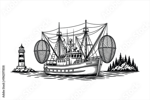 Fishing Boats Vector Art with net