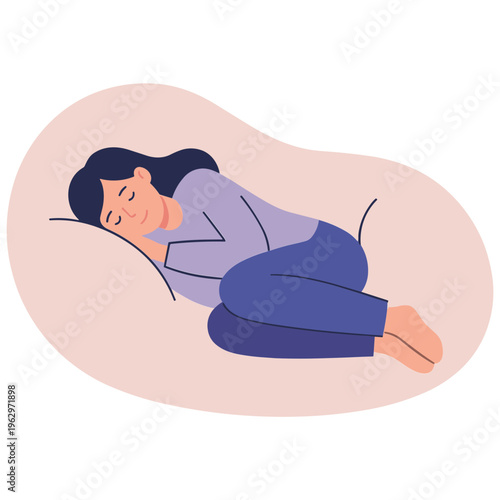 Woman lies on a bed sleeping peacefully indoors at night alone