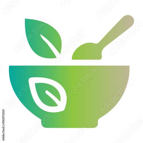 Green bowl with leaves and spoon on table indoors closeup