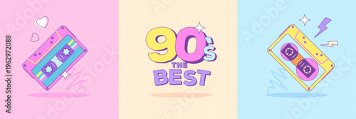 Set of 80s-90s retro disco elements or attributes isolated on colorful background. Cassete, heart, lightning icons. Vector illustration