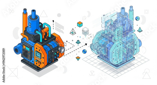 Isometric Industrial Machine Visualization - Real vs. Digital Twin.