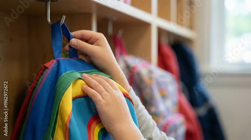 Child hanging colorful rainbow backpack on hook in school classroom cubby storage area