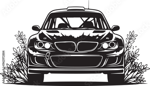 Black car with headlights and bushes vehicle automobile