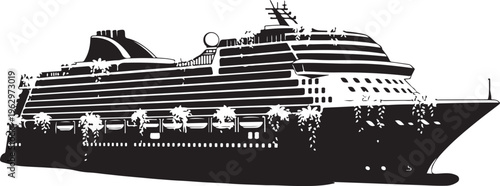 Black cruise ship with palm trees black and white ocean liner