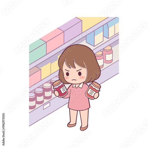 A girl stands in a store aisle holding two jars of food with a puzzled expression on her face.