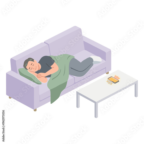 A man is sleeping peacefully on a couch with a blanket in a living room.