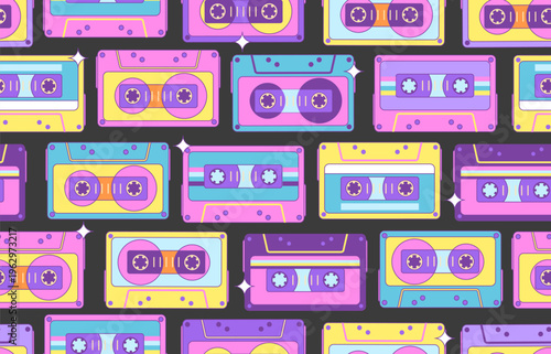 Retro seamless  pattern of 80s-90s with different colorful audio cassettes.  Music disco background. Vector illustration