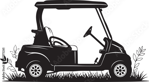 Black golf cart silhouette with grass and plants vehicle