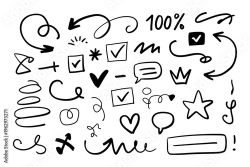 Vector featuring a variety of hand-drawn icons, arrows, and symbols for graphic design purposes